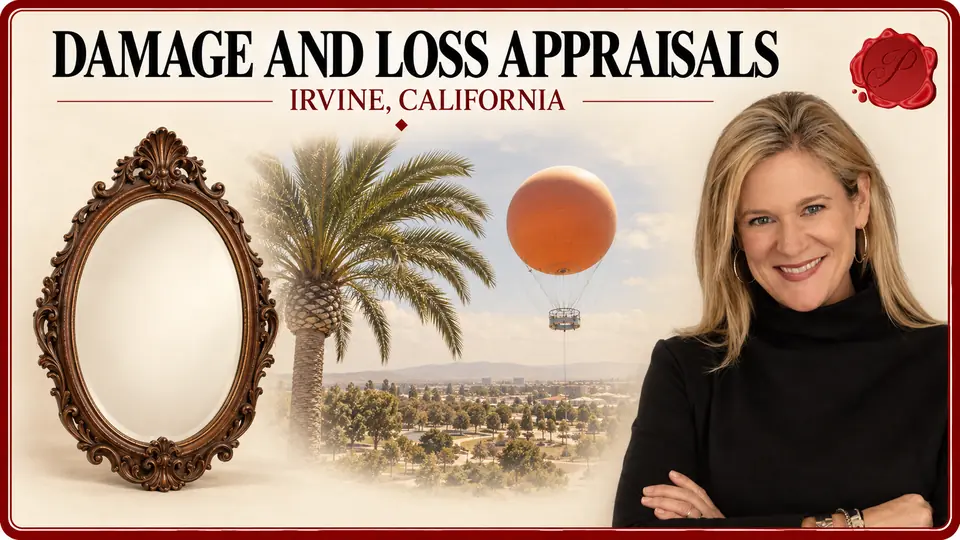 Damage and Loss Appraisals in Irvine, California, with an oval mirror with a carved frame, an appraiser portrait and Great Park Balloon.