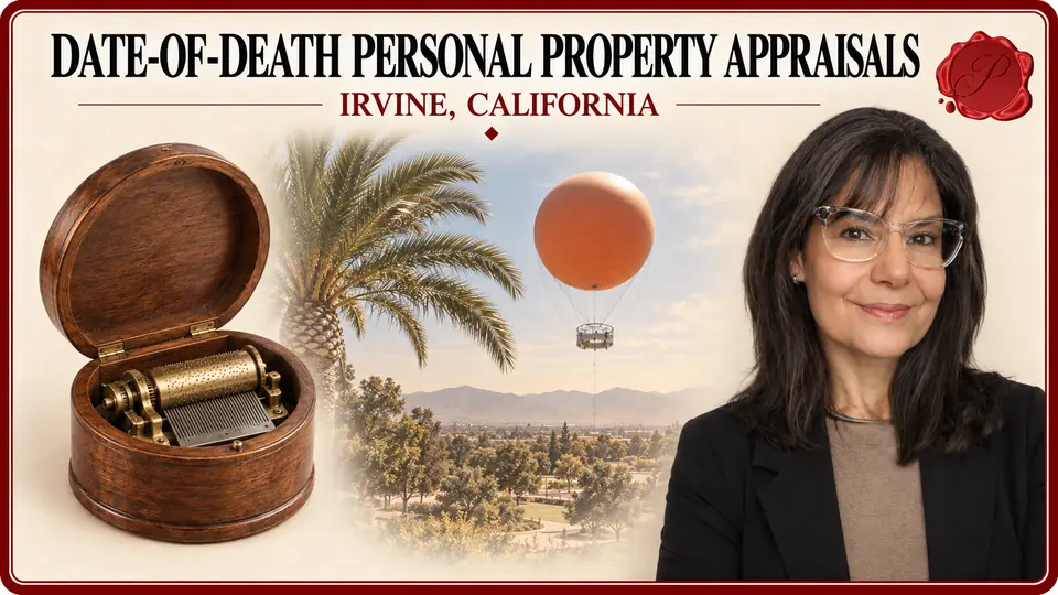 Date-of-Death Personal Property Appraisals in Irvine, California, with an open wooden cylinder music box, an appraiser portrait and Great Park Balloon.