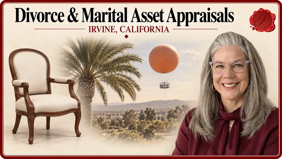 Divorce & Marital Asset Appraisals in Irvine, California, with an upholstered wood armchair, an appraiser portrait and Great Park Balloon.