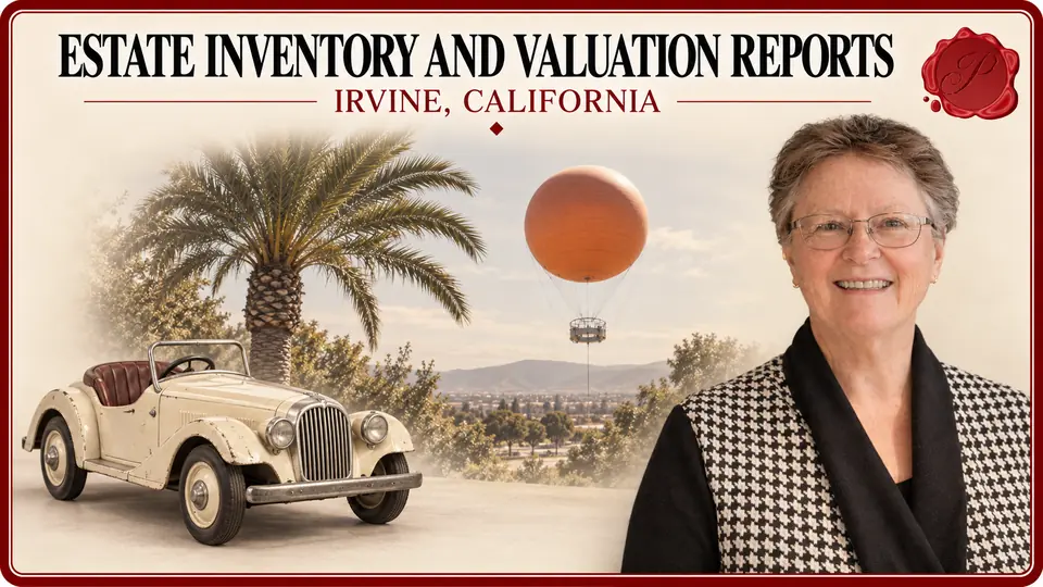 Estate Inventory and Valuation Reports in Irvine, California, with a cream toy roadster, an appraiser portrait and Great Park Balloon.