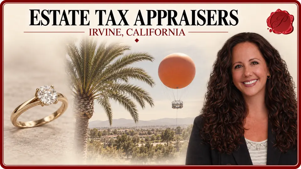 Estate Tax Appraisers in Irvine, California, with a gold-colored ring with a clear stone, an appraiser portrait and Great Park Balloon.