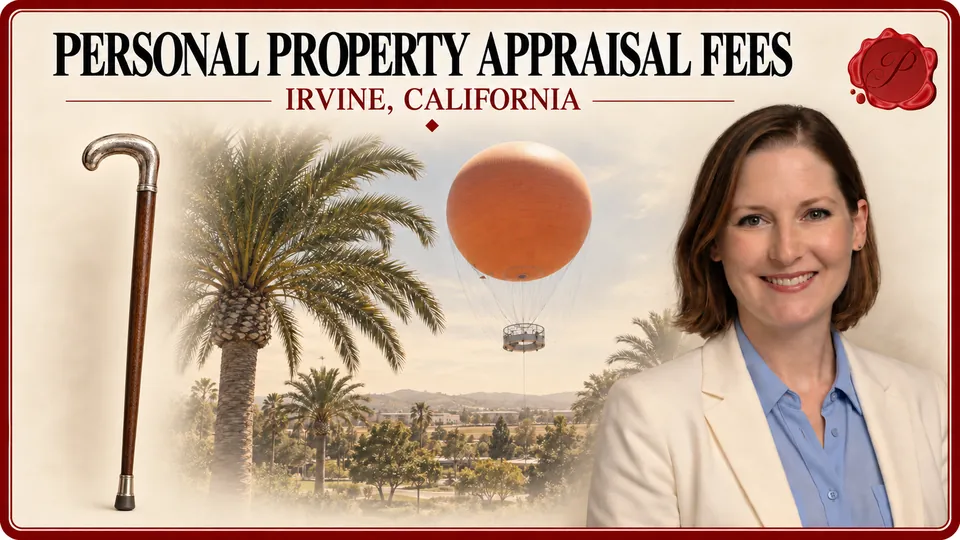 Personal Property Appraisal Fees in Irvine, California, with a walking cane with a curved metal handle, an appraiser portrait and Great Park Balloon.