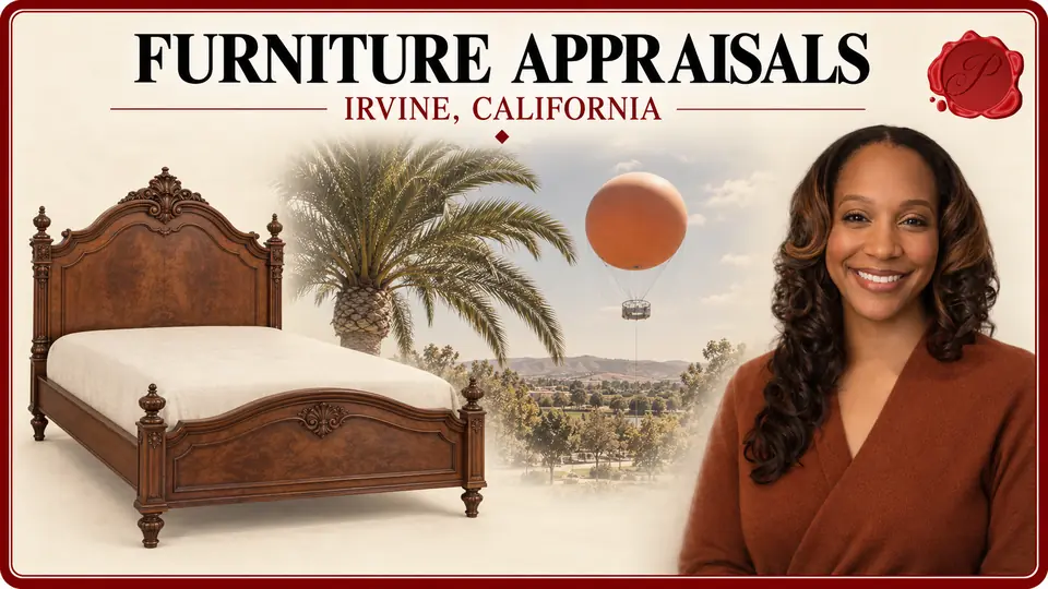 Furniture Appraisals in Irvine, California, with a carved wood bed, an appraiser portrait and Great Park Balloon.