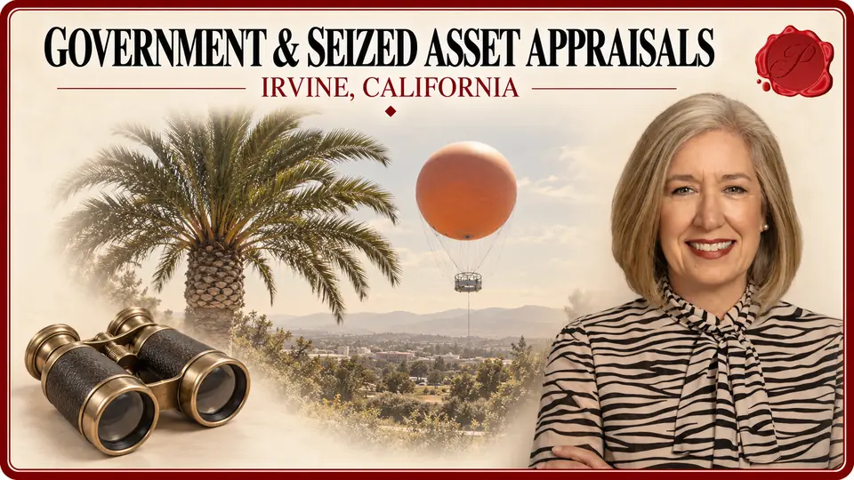 Government & Seized Asset Appraisals in Irvine, California, with a pair of brass-colored binoculars, an appraiser portrait and Great Park Balloon.