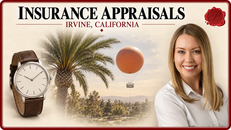Insurance Appraisals in Irvine, California, with a wristwatch with a brown strap, an appraiser portrait and Great Park Balloon.