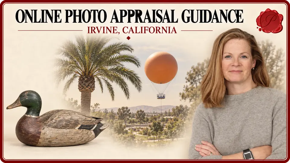 Online Photo Appraisal Guidance in Irvine, California, with a painted wooden decoy duck, an appraiser portrait and Great Park Balloon.