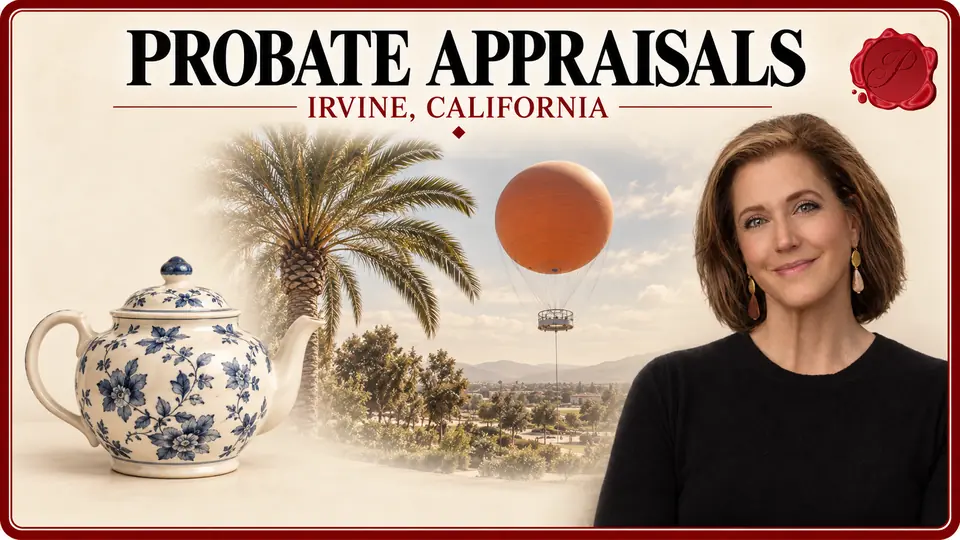 Probate Appraisals in Irvine, California, with a blue and cream floral teapot, an appraiser portrait and Great Park Balloon.