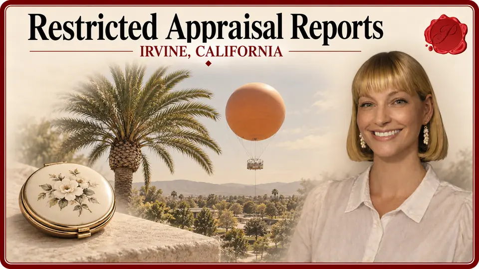 Restricted Appraisal Reports in Irvine, California, with a round floral powder compact, an appraiser portrait and Great Park Balloon.