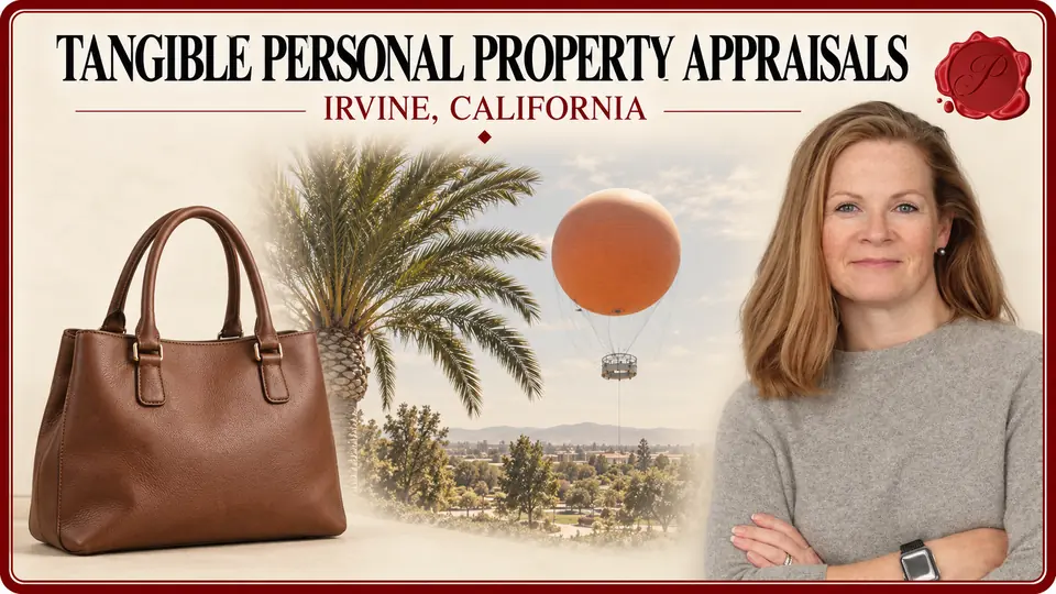Tangible Personal Property Appraisals in Irvine, California, with a brown handbag, an appraiser portrait and Great Park Balloon.