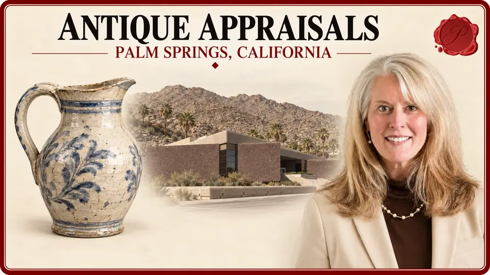 Antique Appraisals in Palm Springs, California Antique Appraisals card with a blue-decorated ceramic pitcher, an appraiser portrait and the Palm Springs Art Museum and foothills in Palm Springs, California.