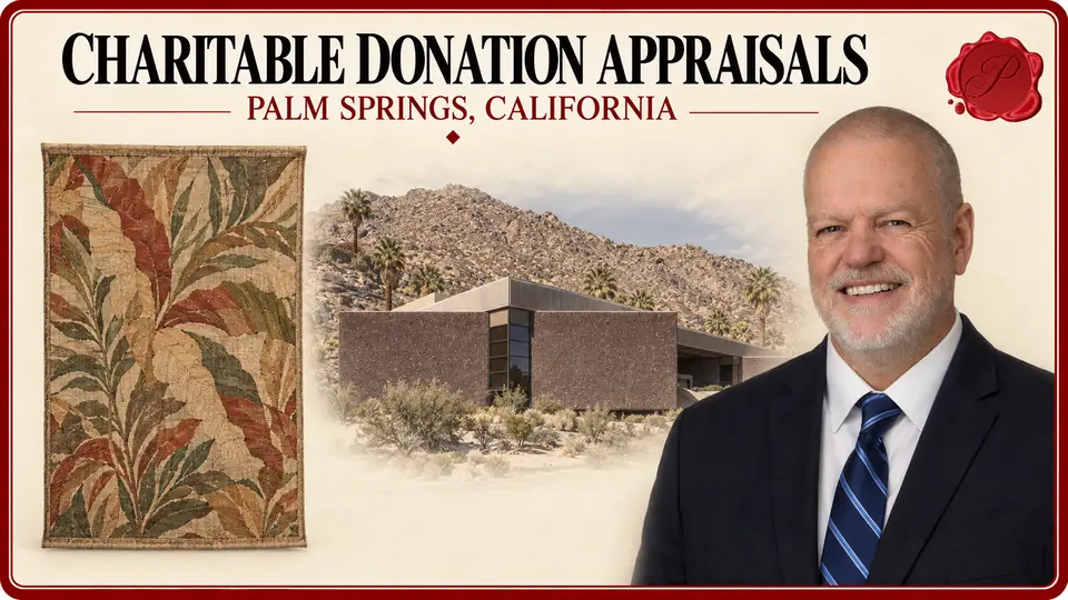 Charitable Donation Appraisals in Palm Springs, California Charitable Donation Appraisals card with a botanical tapestry, an appraiser portrait and the Palm Springs Art Museum and foothills in Palm Springs, California.