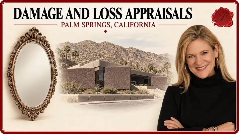 Damage and Loss Appraisals in Palm Springs, California Damage and Loss Appraisals card with an oval framed mirror, an appraiser portrait and the Palm Springs Art Museum and foothills in Palm Springs, California.