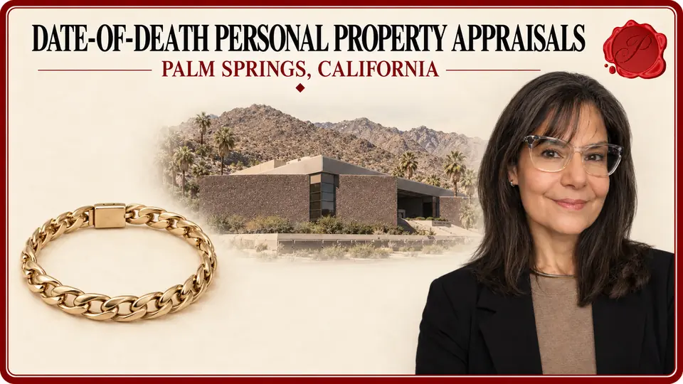 Date-of-Death Personal Property Appraisals in Palm Springs, California Date-of-Death Personal Property Appraisals card with a gold-colored link bracelet, an appraiser portrait and the Palm Springs Art Museum and foothills in Palm Springs, California.
