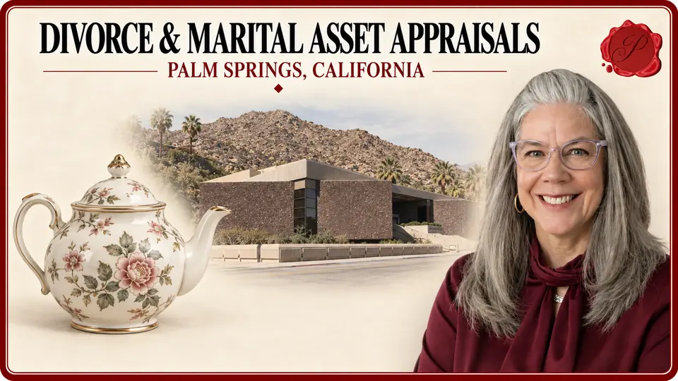 Divorce & Marital Asset Appraisals in Palm Springs, California Divorce & Marital Asset Appraisals card with a floral porcelain teapot, an appraiser portrait and the Palm Springs Art Museum and foothills in Palm Springs, California.