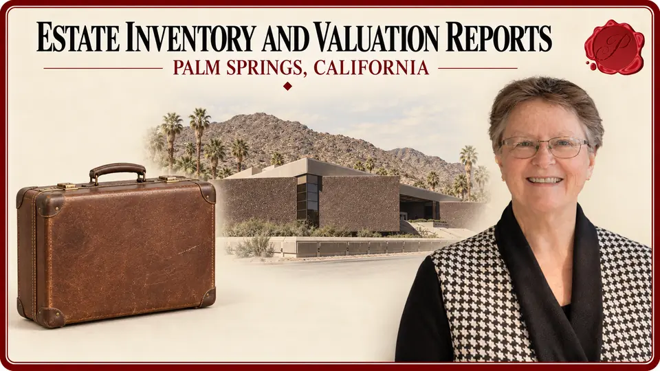 Estate Inventory and Valuation Reports in Palm Springs, California Estate Inventory and Valuation Reports card with a vintage suitcase, an appraiser portrait and the Palm Springs Art Museum and foothills in Palm Springs, California.