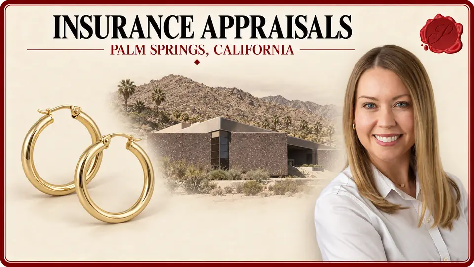 Insurance Appraisals in Palm Springs, California Insurance Appraisals card with a pair of gold-colored hoop earrings, an appraiser portrait and the Palm Springs Art Museum and foothills in Palm Springs, California.