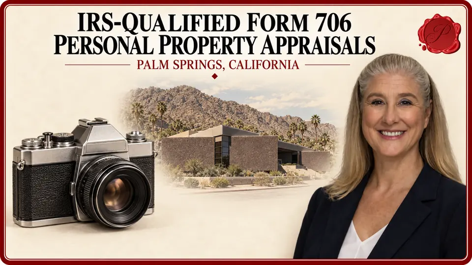 IRS-Qualified Form 706 Personal Property Appraisals in Palm Springs, California IRS-Qualified Form 706 Personal Property Appraisals card with a vintage camera, an appraiser portrait and the Palm Springs Art Museum and foothills in Palm Springs, California.