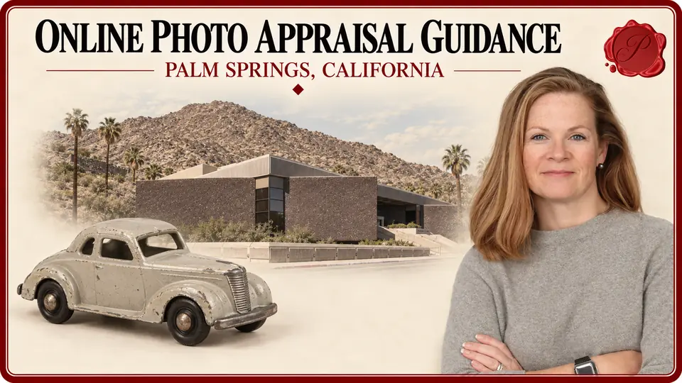 Online Photo Appraisal Guidance in Palm Springs, California Online Photo Appraisal Guidance card with a vintage toy car, an appraiser portrait and the Palm Springs Art Museum and foothills in Palm Springs, California.