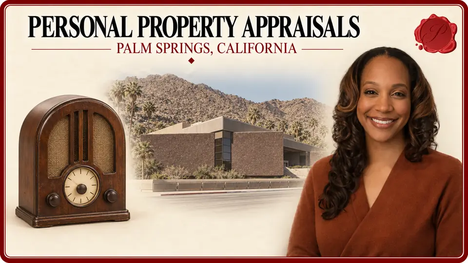 Personal Property Appraisals in Palm Springs, California Personal Property Appraisals card with a vintage wooden radio, an appraiser portrait and the Palm Springs Art Museum and foothills in Palm Springs, California.