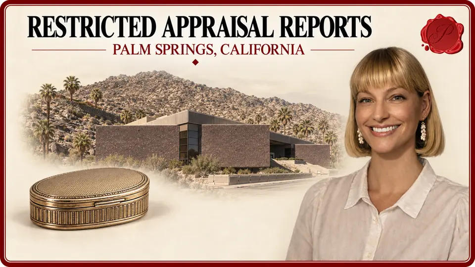 Restricted Appraisal Reports in Palm Springs, California Restricted Appraisal Reports card with an oval metal snuff box, an appraiser portrait and the Palm Springs Art Museum and foothills in Palm Springs, California.