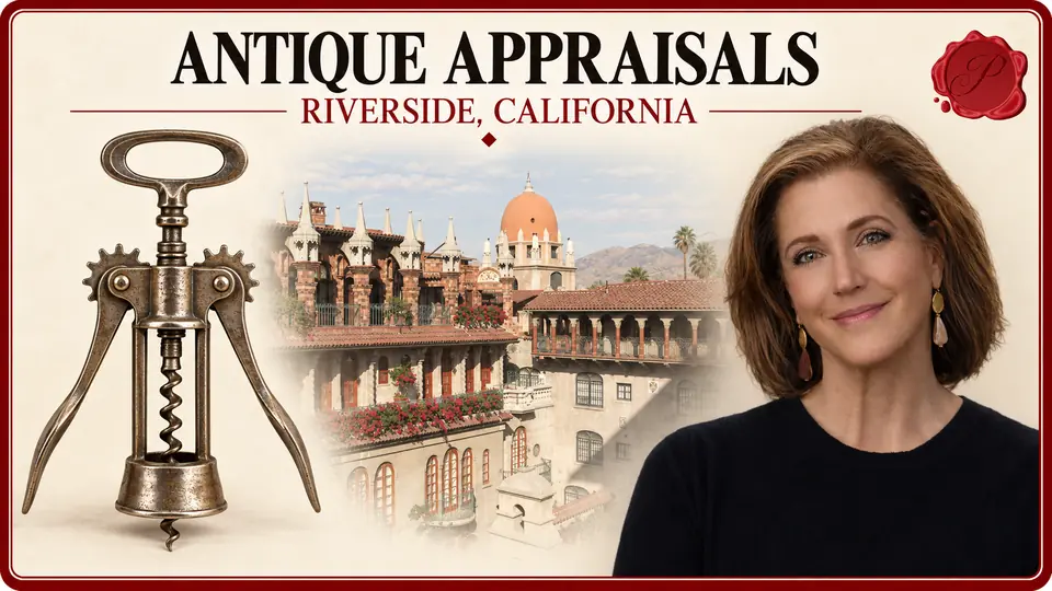 Antique Appraisals card with winged corkscrew, an appraiser portrait and Mission Inn architecture in Riverside, California.