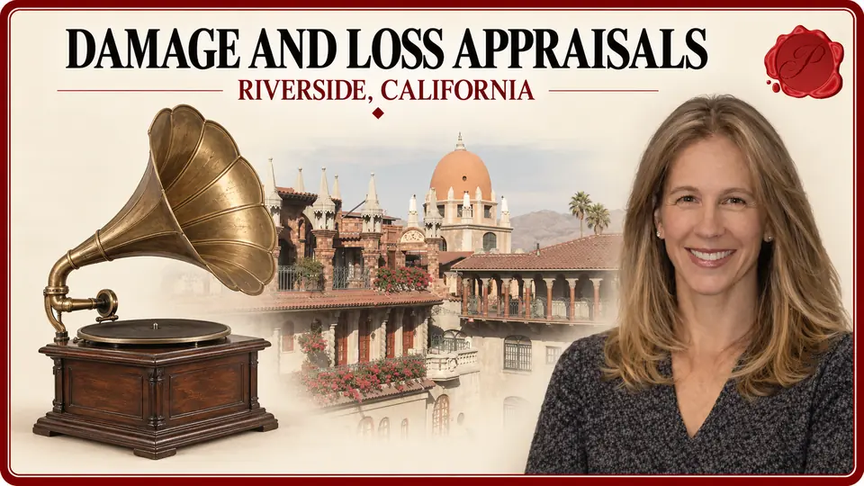 Damage and Loss Appraisals card with horn phonograph, an appraiser portrait and Mission Inn architecture in Riverside, California.