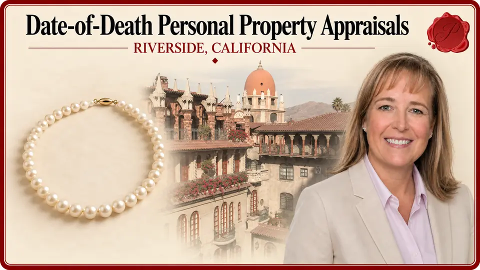 Date-of-Death Personal Property Appraisals card with pearl necklace, an appraiser portrait and Mission Inn architecture in Riverside, California.