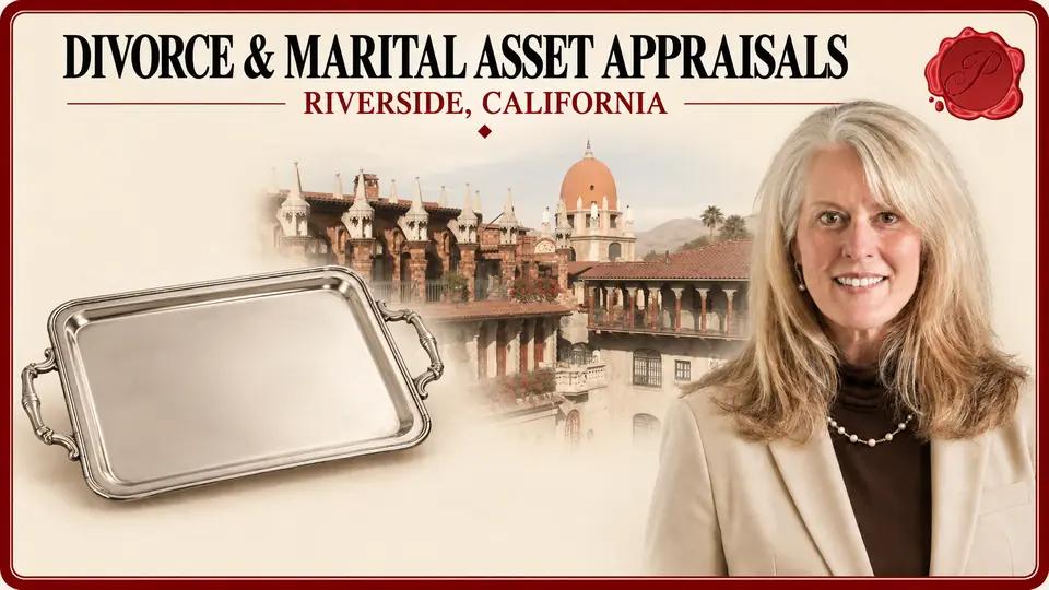 Divorce & Marital Asset Appraisals card with silver-colored serving tray, an appraiser portrait and Mission Inn architecture in Riverside, California.