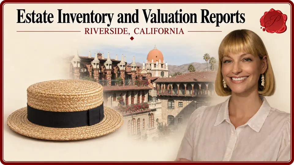 Estate Inventory and Valuation Reports card with straw boater hat, an appraiser portrait and Mission Inn architecture in Riverside, California.