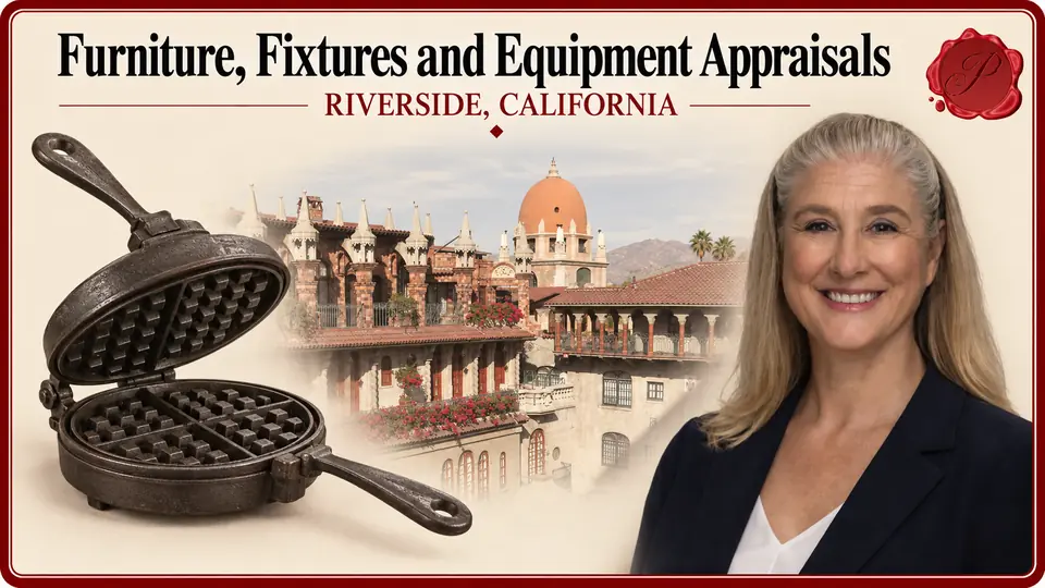 Furniture, Fixtures and Equipment Appraisals card with cast-iron waffle iron, an appraiser portrait and Mission Inn architecture in Riverside, California.