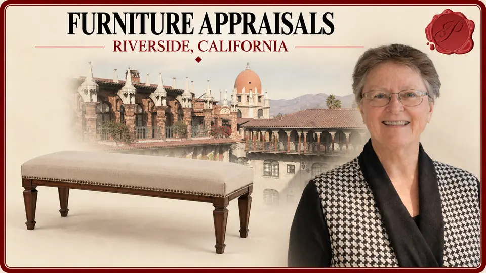 Furniture Appraisals card with upholstered wooden bench, an appraiser portrait and Mission Inn architecture in Riverside, California.