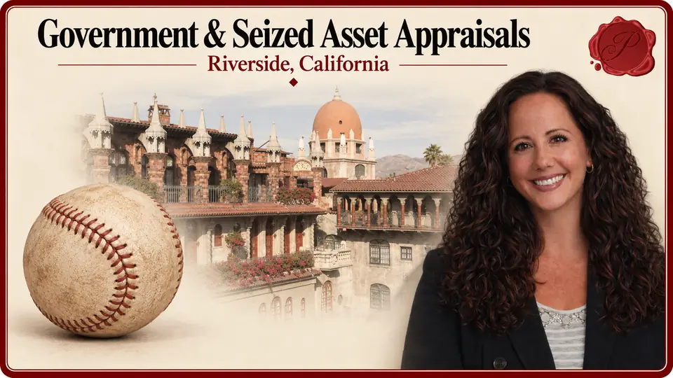 Government & Seized Asset Appraisals card with stitched leather baseball, an appraiser portrait and Mission Inn architecture in Riverside, California.