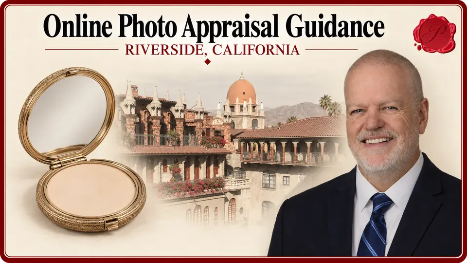 Online Photo Appraisal Guidance card with open powder compact, an appraiser portrait and Mission Inn architecture in Riverside, California.
