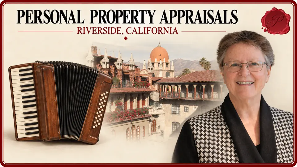 Personal Property Appraisals card with wooden piano accordion, an appraiser portrait and Mission Inn architecture in Riverside, California.