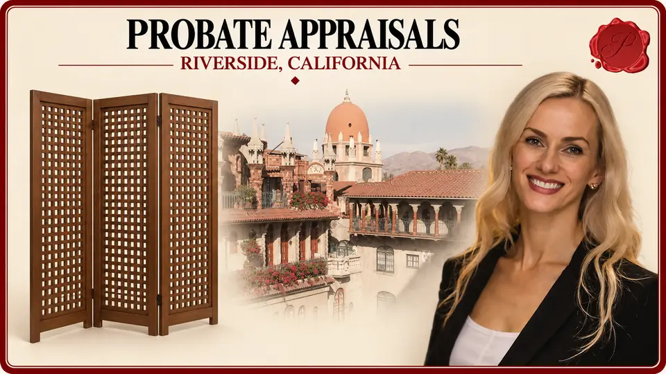 Probate Appraisals card with wooden folding room divider, an appraiser portrait and Mission Inn architecture in Riverside, California.