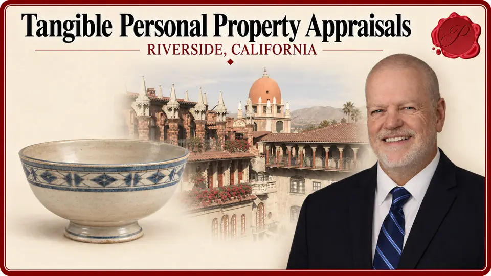 Tangible Personal Property Appraisals card with cream ceramic bowl with blue geometric rim, an appraiser portrait and Mission Inn architecture in Riverside, California.