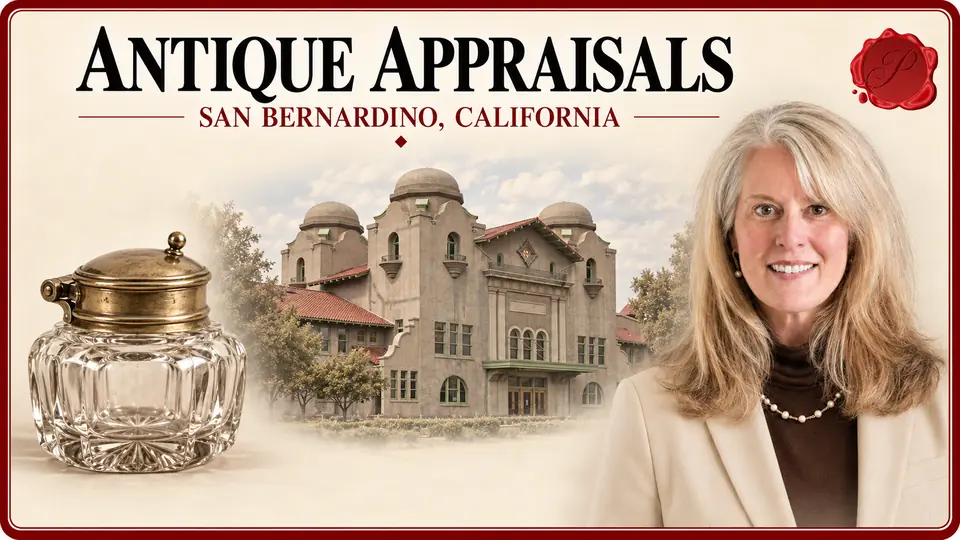 Antique Appraisals in San Bernardino, California, with a cut-glass inkwell, an appraiser portrait and Santa Fe Depot. Antique Appraisals in San Bernardino, California, with a cut-glass inkwell, an appraiser portrait and Santa Fe Depot.