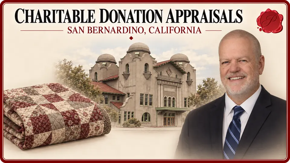 Charitable Donation Appraisals in San Bernardino, California, with folded patchwork quilt, an appraiser portrait and Santa Fe Depot. Charitable Donation Appraisals in San Bernardino, California, with folded patchwork quilt, an appraiser portrait and Santa Fe Depot.