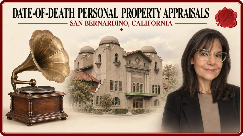 Date-of-Death Personal Property Appraisals in San Bernardino, California, with brass-horn wooden phonograph, an appraiser portrait and Santa Fe Depot. Date-of-Death Personal Property Appraisals in San Bernardino, California, with brass-horn wooden phonograph, an appraiser portrait and Santa Fe Depot.