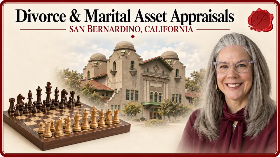 Divorce & Marital Asset Appraisals in San Bernardino, California, with a wooden chess set, an appraiser portrait and Santa Fe Depot. Divorce & Marital Asset Appraisals in San Bernardino, California, with a wooden chess set, an appraiser portrait and Santa Fe Depot.
