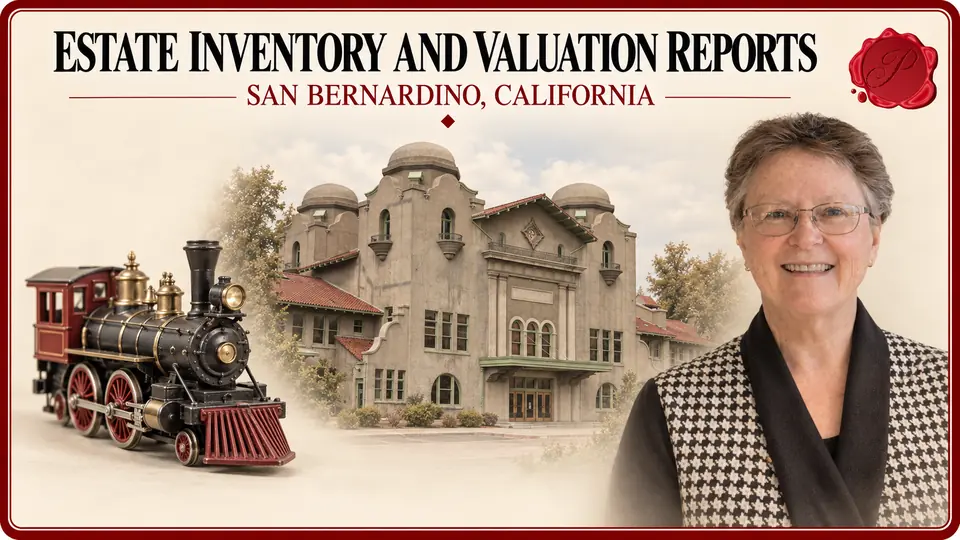 Estate Inventory and Valuation Reports in San Bernardino, California, with model steam locomotive, an appraiser portrait and Santa Fe Depot. Estate Inventory and Valuation Reports in San Bernardino, California, with model steam locomotive, an appraiser portrait and Santa Fe Depot.
