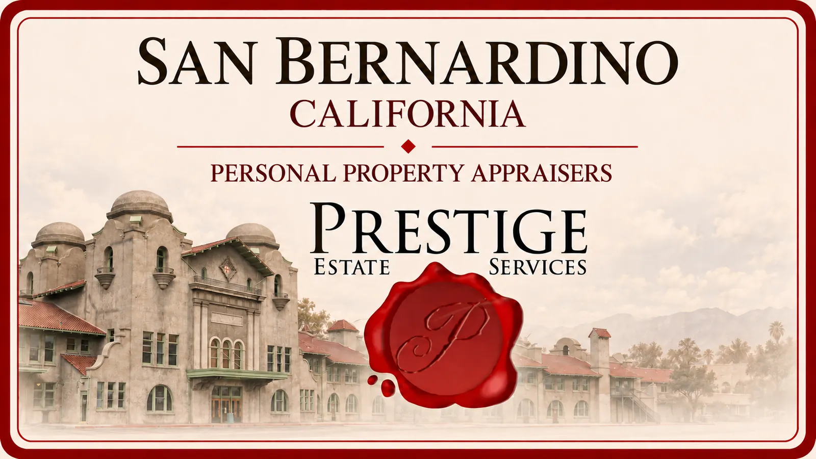 San Bernardino, California personal property appraisers card with Santa Fe Depot domed towers and arched facade. San Bernardino, California personal property appraisers card with Santa Fe Depot domed towers and arched facade.
