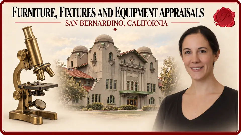 Furniture, Fixtures and Equipment Appraisals in San Bernardino, California, with a brass microscope, an appraiser portrait and Santa Fe Depot. Furniture, Fixtures and Equipment Appraisals in San Bernardino, California, with a brass microscope, an appraiser portrait and Santa Fe Depot.
