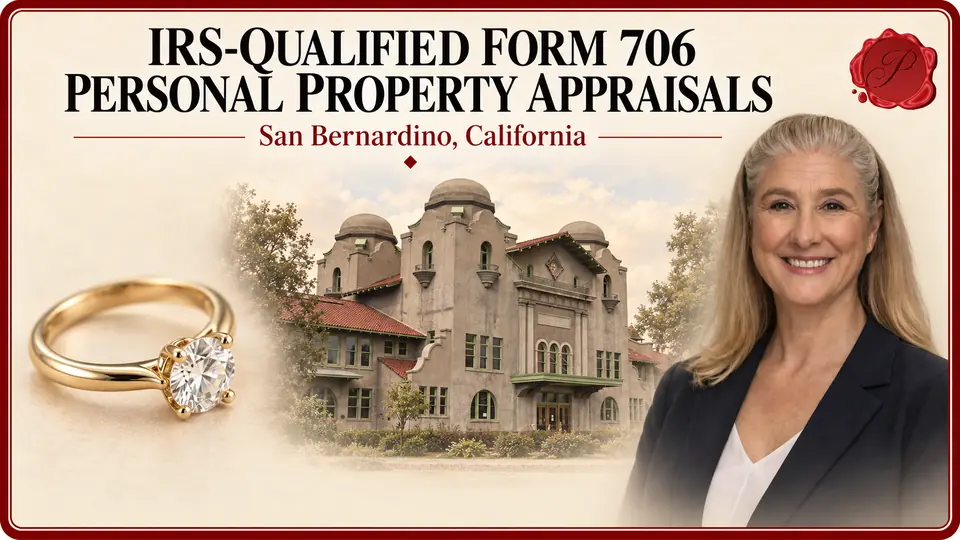 IRS-Qualified Form 706 Personal Property Appraisals in San Bernardino, California, with gold gemstone ring, an appraiser portrait and Santa Fe Depot. IRS-Qualified Form 706 Personal Property Appraisals in San Bernardino, California, with gold gemstone ring, an appraiser portrait and Santa Fe Depot.
