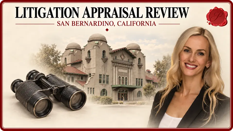 Litigation Appraisal Review in San Bernardino, California, with a pair of antique binoculars, an appraiser portrait and Santa Fe Depot. Litigation Appraisal Review in San Bernardino, California, with a pair of antique binoculars, an appraiser portrait and Santa Fe Depot.