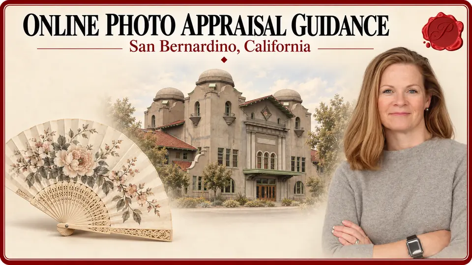 Online Photo Appraisal Guidance in San Bernardino, California, with a floral folding fan, an appraiser portrait and Santa Fe Depot. Online Photo Appraisal Guidance in San Bernardino, California, with a floral folding fan, an appraiser portrait and Santa Fe Depot.