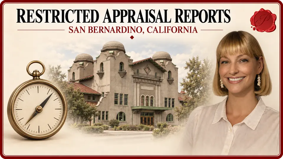 Restricted Appraisal Reports in San Bernardino, California, with a brass compass, an appraiser portrait and Santa Fe Depot. Restricted Appraisal Reports in San Bernardino, California, with a brass compass, an appraiser portrait and Santa Fe Depot.