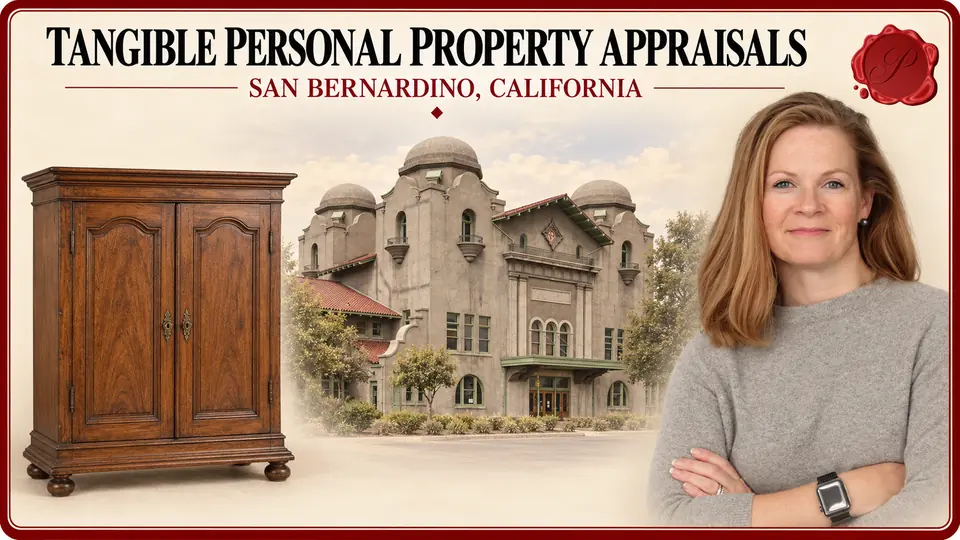 Tangible Personal Property Appraisals in San Bernardino, California, with closed walnut cabinet, an appraiser portrait and Santa Fe Depot. Tangible Personal Property Appraisals in San Bernardino, California, with closed walnut cabinet, an appraiser portrait and Santa Fe Depot.