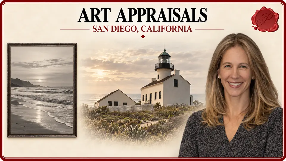 Art Appraisals card with a framed black-and-white shoreline photograph, an appraiser portrait and Old Point Loma Lighthouse in San Diego, California.