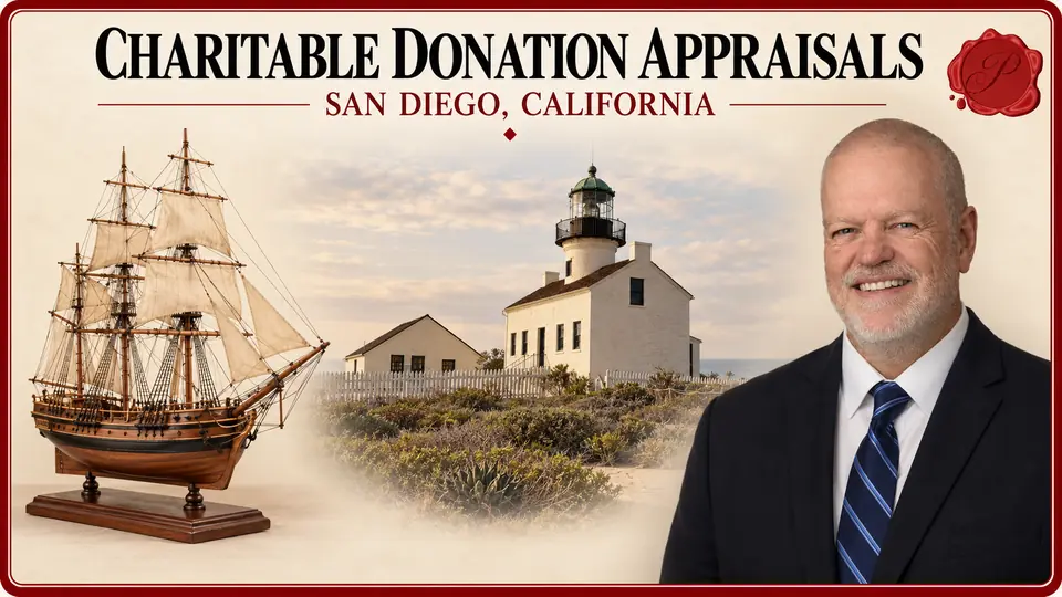Charitable Donation Appraisals card with a wooden sailing ship model on its integral stand, an appraiser portrait and Old Point Loma Lighthouse in San Diego, California.